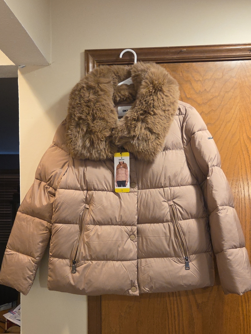 DKNY Beige Puffer Jacket with Faux Fur Collar